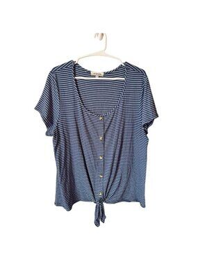 Blue White Striped Button Front Tie Hem Top XL Short Sleeve